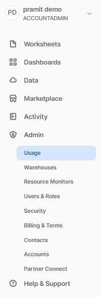 Admin section and usage dropdown menu