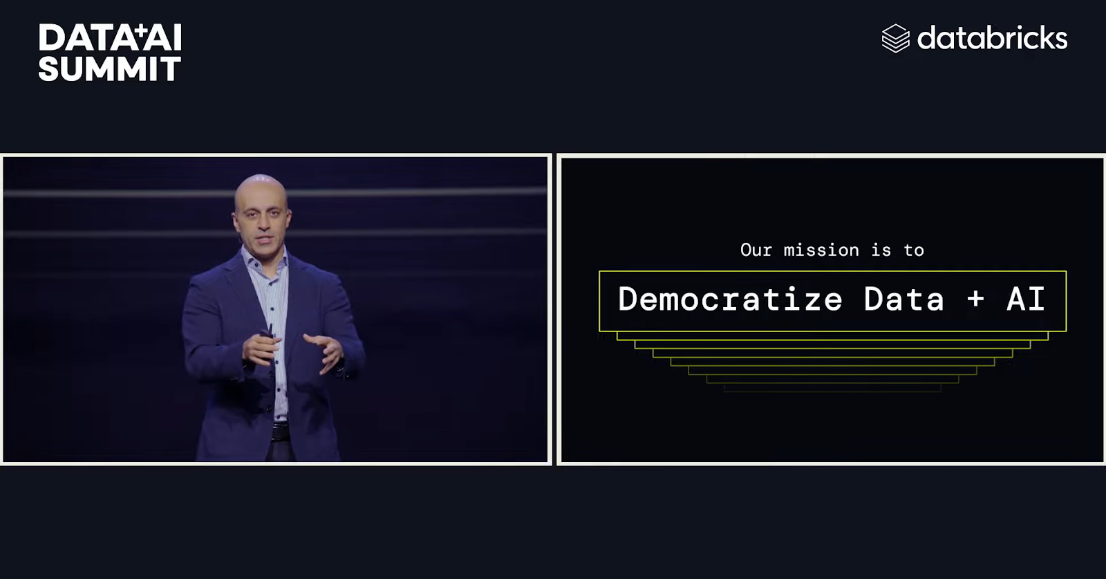 Ali clarifying Databricks' core mission to : “to democratize data and AI” - Databricks Data and AI Summit - Databricks Summit - Databricks Unity Catalog - Mosaic AI - Databricks Mosaic AI - DeltaLake - Databricks DeltaLake - Predictive Optimization - Liquid Clustering - Databricks Clean Rooms - Databricks AI Summit - Databricks Summit 2024 - Databricks Data AI Summit - Databricks Data AI