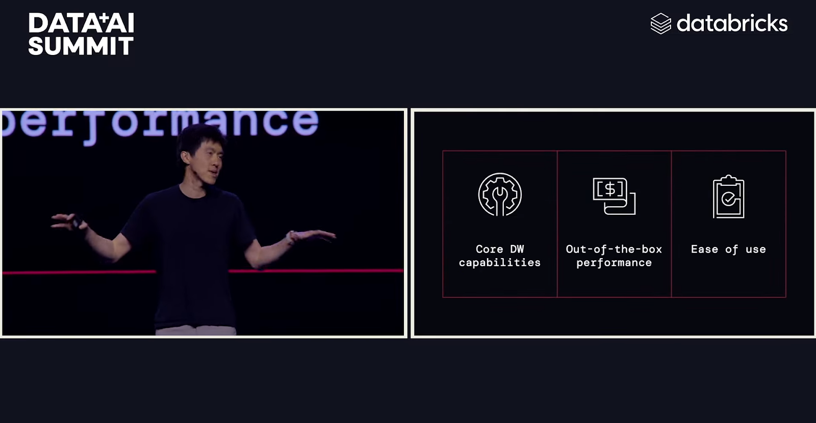 Reynold Xin highlighting the core fundamental areas of improvement in Databricks  - Databricks Data and AI Summit - Databricks Summit - Databricks Unity Catalog - Mosaic AI - Databricks Mosaic AI - DeltaLake - Databricks DeltaLake - Predictive Optimization - Liquid Clustering - Databricks Clean Rooms - Databricks AI Summit - Databricks Summit 2024 - Databricks Data AI Summit - Databricks Data AI