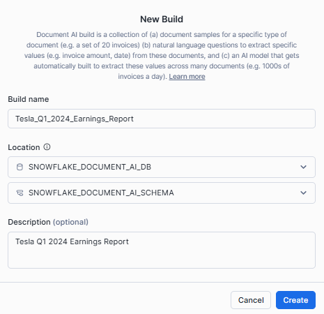 Entering Model Name, Selecting Location and Creating It - Document AI - Snowflake Document AI - Snowflake Cortex - Snowflake AI - Snowflake Arctic - AI document processing - Unstructured Data - Unstructured Data Processing - Snowflake Stage - Snowflake Internal Stage - Snowflake Task - Snowflake Stream