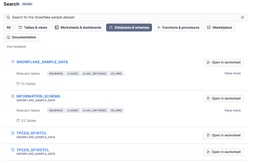 Viewing the details of only the database and schema