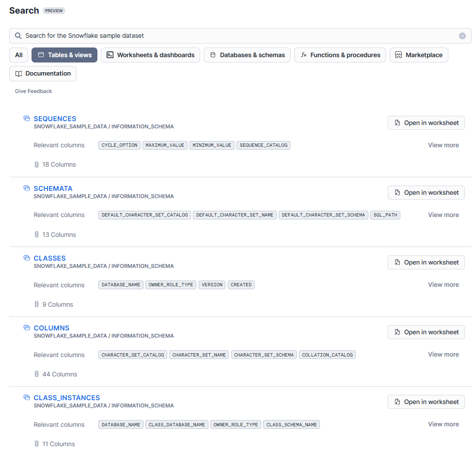 Viewing the details of only tables and views in Snowflake Universal Search