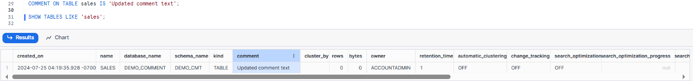 Modifying Existing Comments - Snowflake Snowflake COMMENT