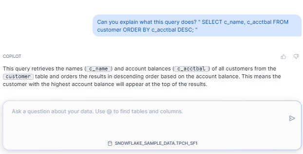 Obtaining SQL Statement Explanations in Snowflake Copilot - Snowflake Copilot - Snowflake Cortex - Snowflake SQL - Snowflake Worksheet - SQL Worksheets - Snowflake Notebooks