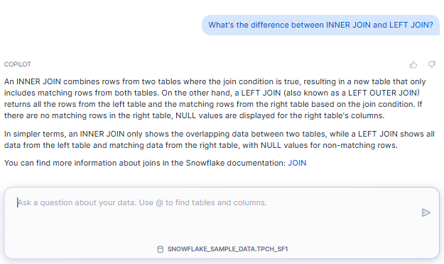 Querying about General SQL and Snowflake Concepts in Snowflake Copilot - Snowflake Copilot - Snowflake Cortex - Snowflake SQL - Snowflake Worksheet - SQL Worksheets - Snowflake Notebooks