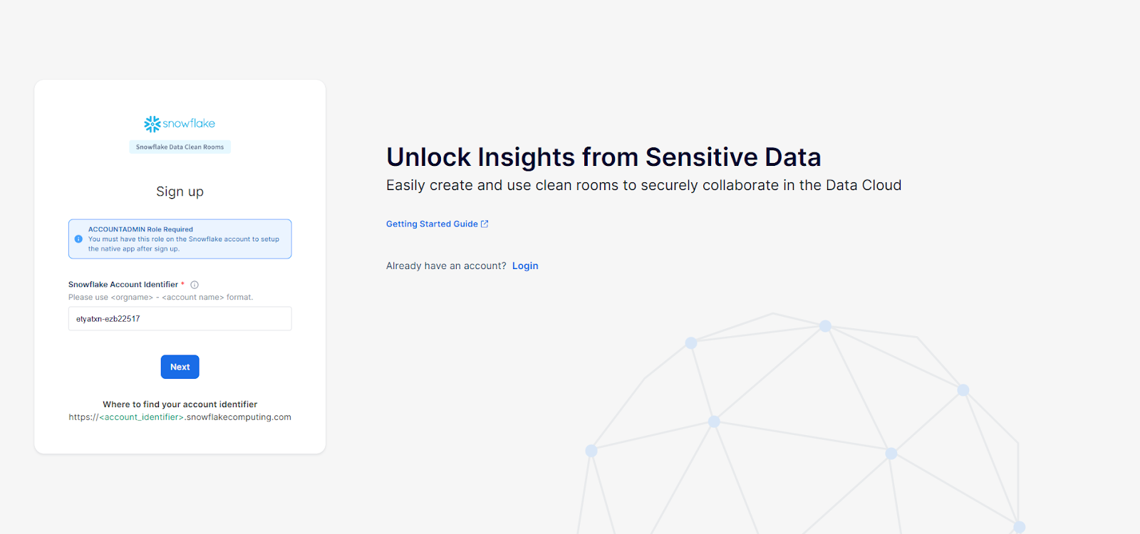 Navigating to Snowflake Data Clean Room signup page - Data Clean Rooms - Snowflake Data Clean Rooms - Data Clean Room Snowflake - Data Privacy - Data Collaboration - Differential Privacy - Secure Data Sharing