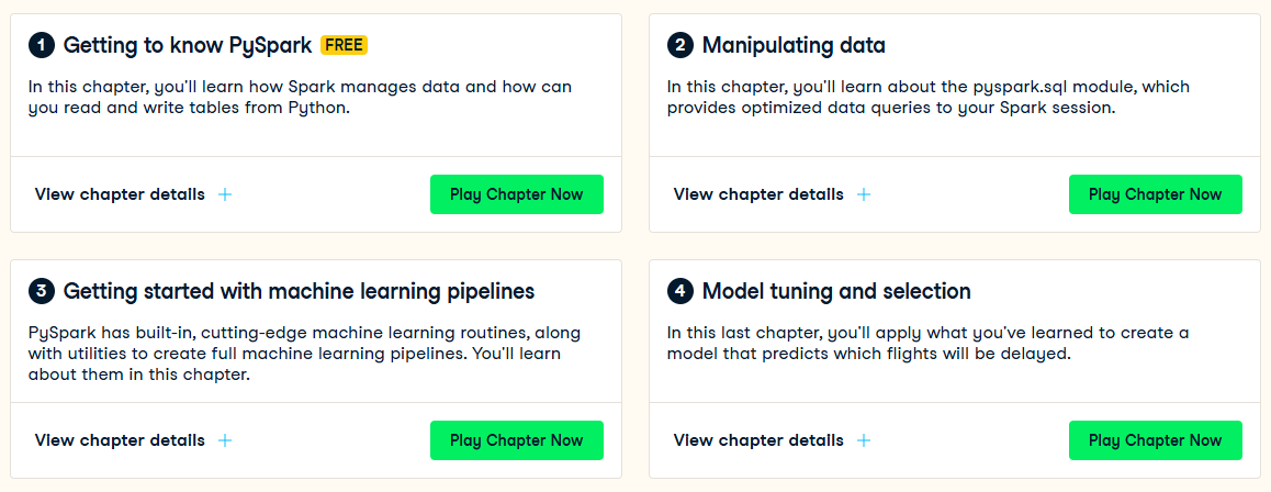 Datacamp: Introduction to PySpark modules - Apache Spark Certification - Apache Spark Training - Databricks Certification - Databricks Certified - Databricks Spark Certification - Databricks Certified Associate Developer for Apache Spark - PySpark Certification - Spark Certification cost - Spark Certification Exam - HDP Certified Apache Spark Developer - MapR Certified Spark Developer - Spark Badge - O'Reilly Spark Certification - Spark Course Online