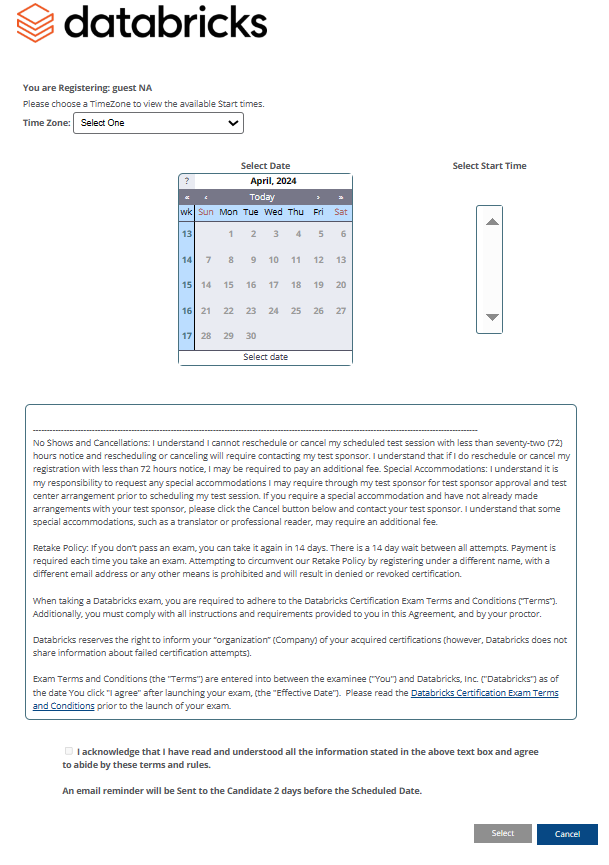 Scheduling Databricks Certification Exam - Apache Spark Certifications- Apache Spark Training - Databricks Certification - Databricks Certified - Databricks Spark Certification - Databricks Certified Associate Developer for Apache Spark - PySpark Certification - Spark Certification cost - Spark Certification Exam - HDP Certified Apache Spark Developer - MapR Certified Spark Developer - Spark Badge - O'Reilly Spark Certification - Spark Course Online