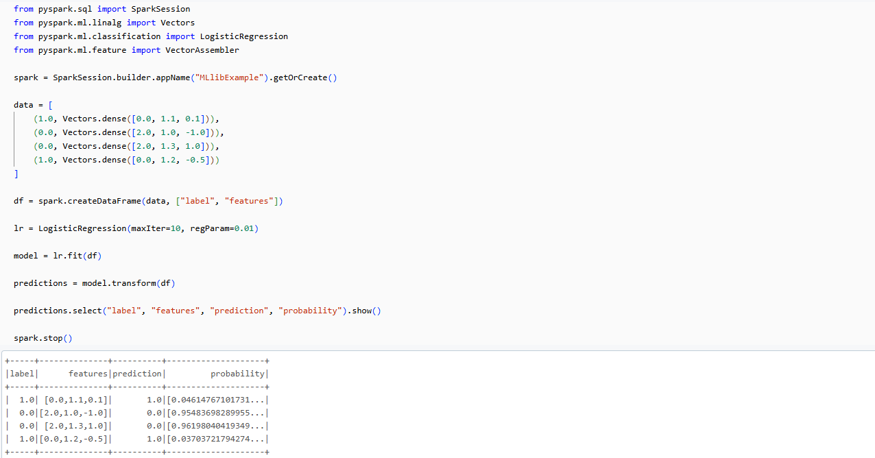 Using MLlib to train a logistic regression model - PySpark - Spark with Python - Apache Spark with Python - PySpark tutorial - What is PySpark - What is PySpark Used for - Apache Spark in Python - PySpark Architecture - PySpark Architecture Diagram - Installing PySpark - Install PySpark on Windows - Install PySpark on MAC - PySpark DataFrames - Spark SQL - Spark SQL in Python - PySpark RDD - PySpark SparkSession - PySpark UDF - Data Analysis with PySpark