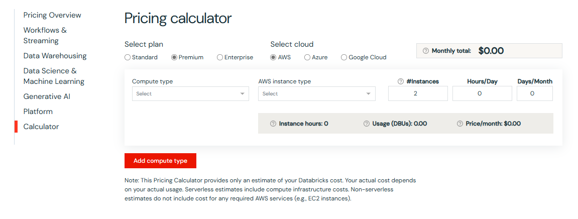 Official Databricks Pricing Calculator - Databricks Pricing Calculator - Databricks Cost Calculator - Databricks Pricing - Databricks Cost - Databricks DBU - Databricks DBU Cost - Azure Databricks Pricing - Databricks AWS pricing - AWS Pricing - Google Cloud Pricing