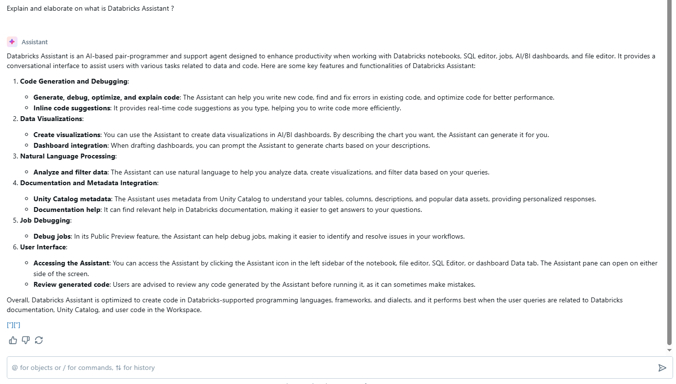 Accessing Databricks documentation using Databricks Assistant - Databricks Assistant - Unity Catalog - Databricks Unity Catalog - Databricks SQL Editor - Databricks Notebooks - AI Assistant - AI in Programming - AI Code Generation - Data Visualizations - Natural Language Processing - Natural Language Analysis - Databricks Workspace - Databricks Dashboard