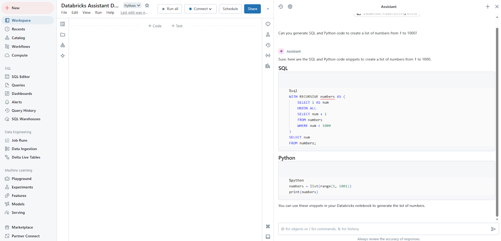 Generating SQL and Python using Natural Language Processing Capabilities of Databricks Assistant - Databricks Assistant - Unity Catalog - Databricks Unity Catalog - DatabricksIQ - Databricks SQL Editor - Databricks Notebooks - AI Assistant - AI in Programming - AI Code Generation - Data Visualizations - Natural Language Processing - Natural Language Analysis - Databricks Workspace - Databricks Dashboard