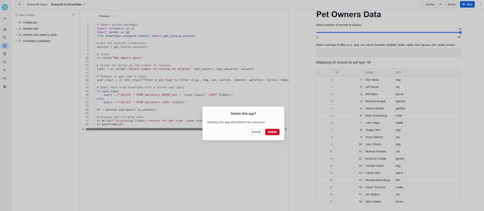 Deleting Streamlit app in Snowflake - Streamlit in Snowflake - Streamlit - Snowflake - Snowflake Streamlit - Streamlit Python - Python library - Python Framework - Data applications - Machine learning - RBAC - Role based Access Control - Data Visualization - Snowflake Warehouse - Snowflake UDFs - Snowpark - Snowflake Snowpark - Stored procedures - Snowflake Native App Framework - Snowflake dashboards