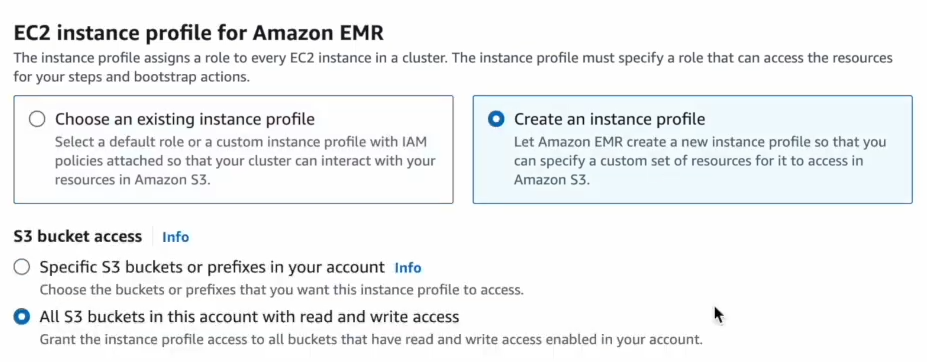 Creating an EC2 instance profile - Apache Spark - AWS EMR - Spark on EMR - EMR with Spark - EMR Spark - EMR Spark Tutorial - AWS - ETL - Real-Time Streaming - Elastic MapReduce - AWS Elastic MapReduce - Apache Hadoop - EMR Architecture - AWS EMR Architecture - Apache Spark Architecture - Big Data Framework - EMRFS - EMR File System - HDFS - Hadoop HDFS - AWS IAM - AWS EC2 - Elastic Compute Cloud - AWS Spot Instances - AWS EKS - Elastic Kubernetes Service - AWS VPCs