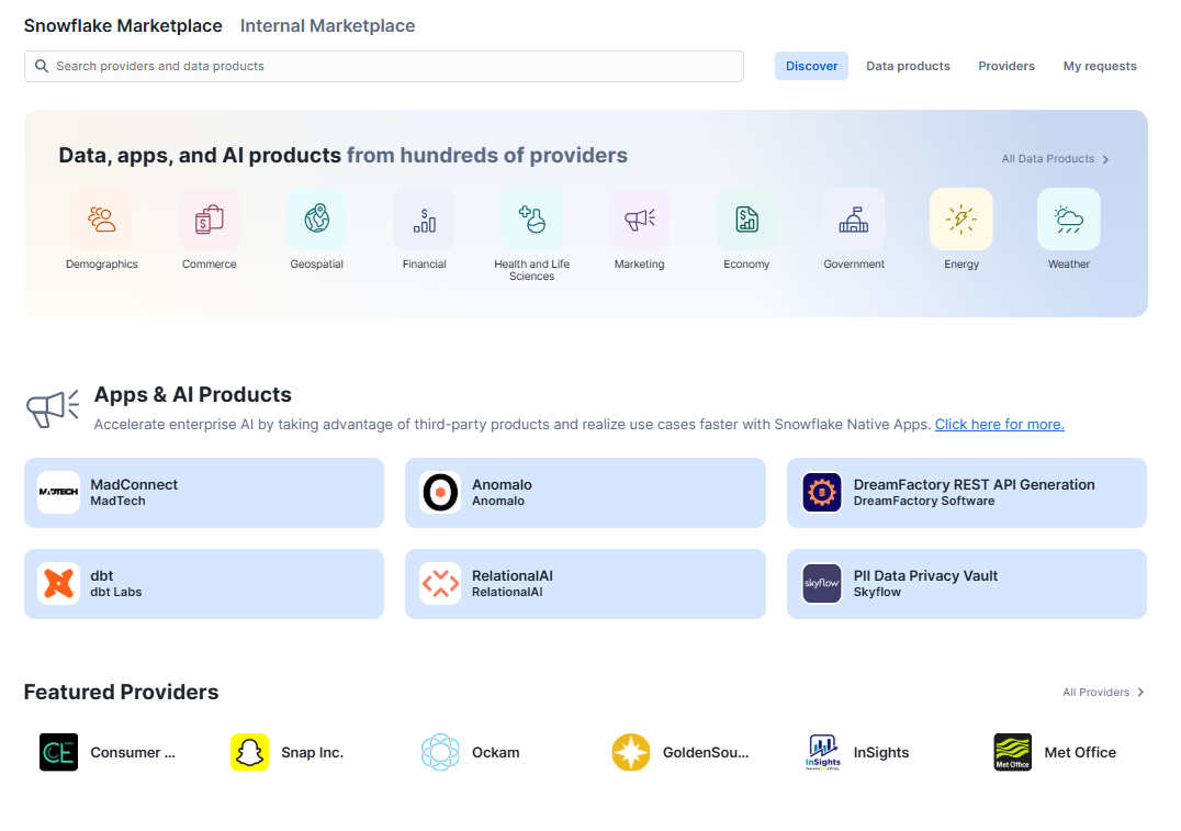 Snowflake Marketplace discover section - Snowflake Marketplace - Snowflake Data Marketplace - Snowflake Native Apps - Snowflake App Marketplace - Snowflake Data Cloud - Snowflake Integration - Snowflake Data Share - Data Monetization - Data Monetization Strategies - Data Democratization - Data Collaboration - Data Sharing Platform - Data Providers - Snowflake Data Providers - Secure Data Exchange - Data Consumers - Data Products - Snowflake Native App Framework - Free Datasets - AWS PrivateLink - Azure Private Link - GCP Private Service Connect - Marketplace Listings - Paid Listings - Free Listings - Business Intelligence Tools