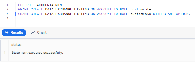 Granting <customrole> with CREATE DATA EXCHANGE LISTING privilege - Snowflake Marketplace - Snowflake Data Marketplace - Snowflake Native Apps - Snowflake App Marketplace - Snowflake Data Cloud - Snowflake Integration - Snowflake Data Share - Data Monetization - Data Monetization Strategies - Data Democratization - Data Collaboration - Data Sharing Platform - Data Providers - Snowflake Data Providers - Secure Data Exchange - Data Consumers - Data Products - Snowflake Native App Framework - Free Datasets - AWS PrivateLink - Azure Private Link - GCP Private Service Connect - Marketplace Listings - Paid Listings - Free Listings - Business Intelligence Tools