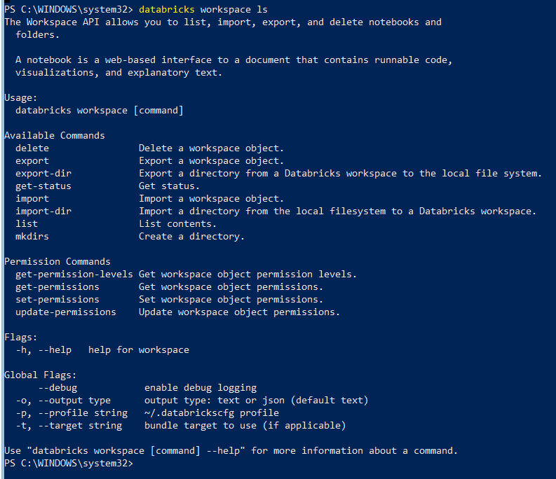 Exploring and listing all the workspace commands available in the Databricks CLI utility - Databricks Download File From DBFS - Download File From DBFS - DBFS - Databricks DBFS - Databricks File System - Databricks CLI - Databricks Notebooks - Databricks Filestore - Databricks REST API - DBFS Filestore - FileStore in Databricks - Databricks Workspace - DBFS Root - DBFS Mounts - Databricks Unity Catalog - Unity Catalog Volume - DBFS REST API - Databricks Display - Databricks Display Function - Databricks Display DataFrame - Databricks Display Options - Databricks Workspace URL - Databricks URL - Local Machine - Local Filesystem