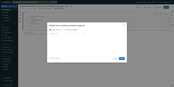 Attaching compute cluster to Databricks notebook - Databricks Temp Table - Databricks Temporary View - Create Temp View Databricks - Databricks Temporary Table - Databricks Create Temporary Table - Create Temporary Table Databricks - Temporary Table in Databricks - Databricks Tables - Databricks Create Table - Databricks SQL Temp Table - Temp View in Databricks - SQL Temp Table - Temporary Table SQL - Temporary Storage - Temporary Data - Temporary Data Storage - Databricks Queries - Databricks SQL Queries