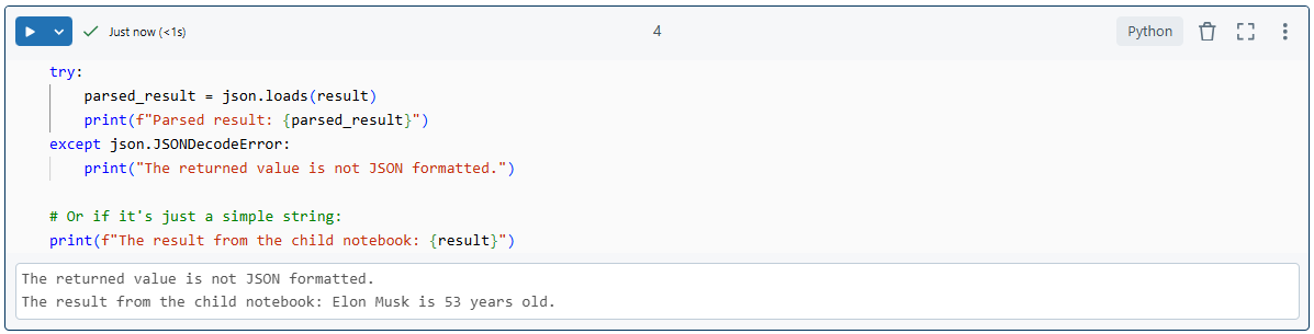 Printing the result in parent Databricks Notebook - Databricks Notebook - What is Databricks Notebook - Run Databricks Notebook From Another Notebook - Databricks run Command - Databricks Notebook run shell command - dbutils notebook run - dbutils notebook - Databricks Import Function from Another Notebook - Databricks Import from Another Notebook - Call Another Notebook in Databricks - Python Notebook - Databricks Python Notebook - Databricks Pass Parameters to Notebook - Databricks Parameters Notebook - Import Notebook - Databricks Import Notebook - Notebook Export - Databricks Export Notebook - Code Modularization - Databricks Python - Databricks Jobs - Databricks Library - Databricks Widget - Databricks Runtime - Databricks Workspace - Databricks Notebook Example