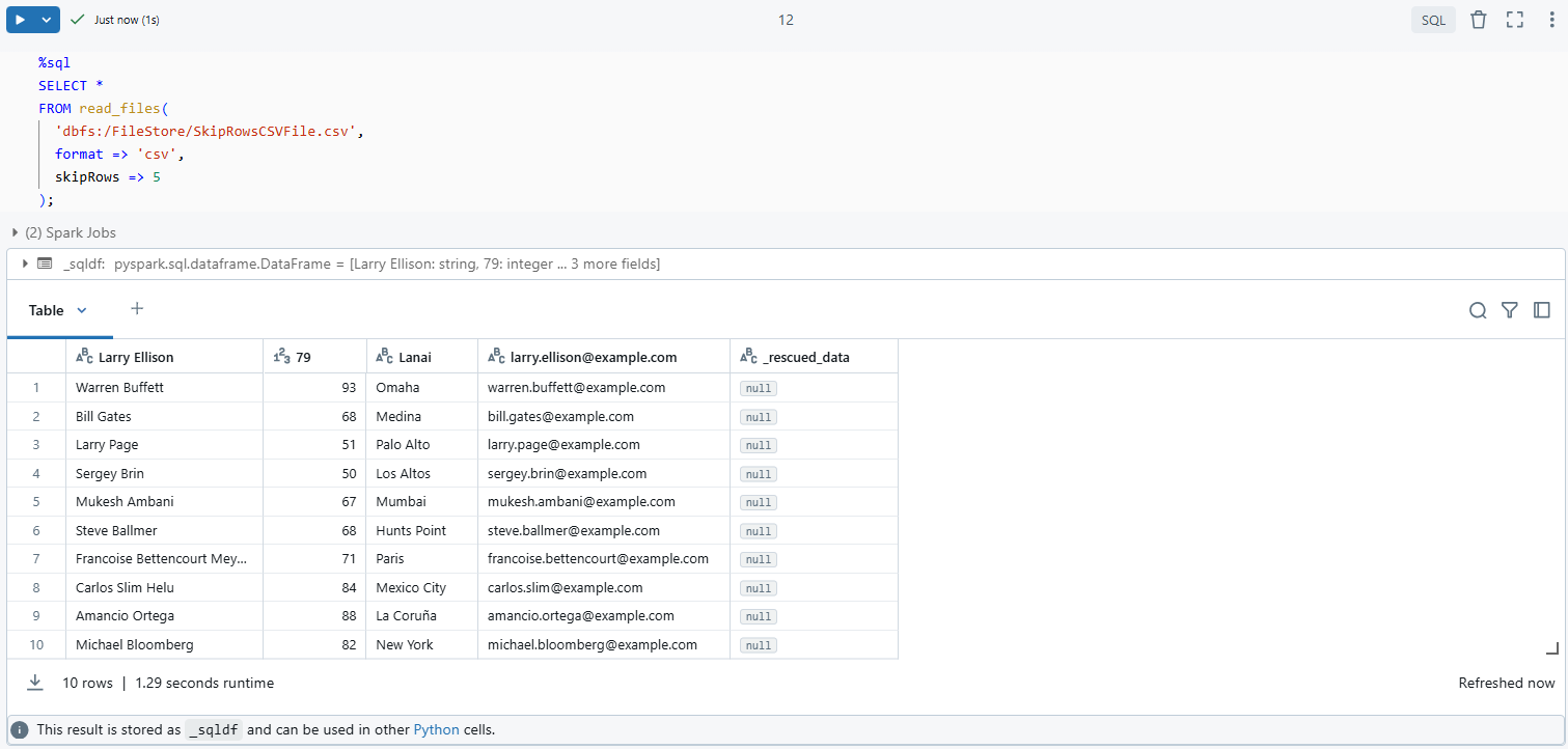 SQL query to skip rows when reading CSV file in Databricks using the read_files function - Reading CSV - Read CSV in Databricks - Reading CSV Files - Read CSV File in Databricks - Skip Rows - Skip Rows CSV Files - Pandas Read CSV Skip Rows - pd Read CSV Skip Rows - Spark Read CSV Skip Rows - CSV Files - Spark Read Option - Spark Read Format Options - Spark Read CSV - Read CSV in Spark - Spark Read CSV Options - skipfooter - DataFrame - Spark DataFrame - PySpark DataFrame - Databricks Export to CSV - CSV File Processing - RDD - Resilient Distributed Dataset - RDD in Spark - Databricks Notebook - DBFS - Data Preprocessing