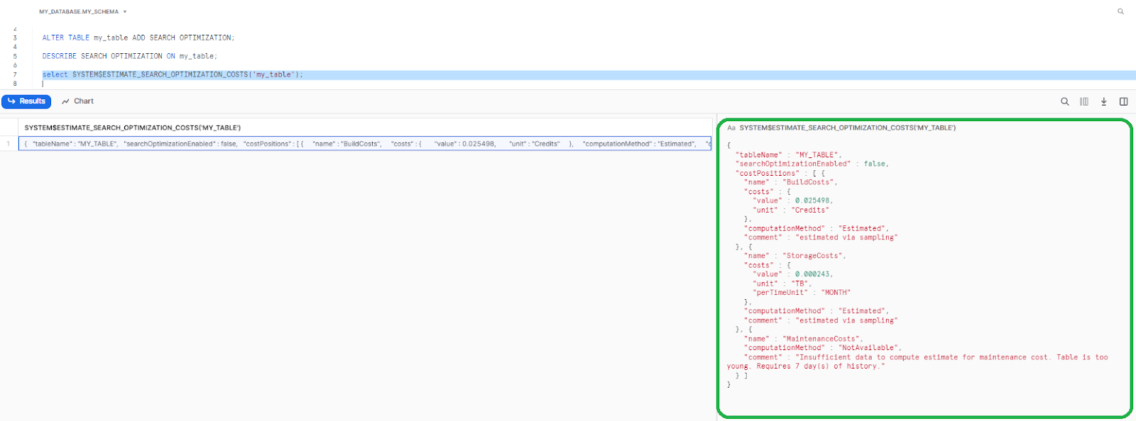 Estimating search optimization costs for <table_name> - Snowflake search optimization