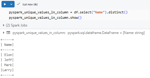 Extracting unique column values using PySpark distinct() - PySpark - PySpark DataFrame - Create PySpark DataFrame - Databricks PySpark - PySpark in Databricks - Databricks and PySpark - PySpark Unique - PySpark Unique Values in Column - PySpark Get Unique Values in Column - PySpark Distinct - PySpark Distinct Values - PySpark Example - PySpark Count Unique - PySpark Count Unique Values in Column - PySpark Count Distinct - PySpark Count Distinct Values in Column - Count Distinct PySpark - Distinct Values - Distinct Values PySpark - PySpark Count Distinct Values - Unique Values - Unique Values Access - Unique Values DataFrame - Unique Values Pandas - Unique Values in a Column - Unique Values in PySpark - Unique Values PySpark - PySpark collect - collect PySpark - collect in PySpark - PySpark show - PySpark groupBy - PySpark orderBy - PySpark count - PySpark dropDuplicates - PySpark to Pandas - Pandas to PySpark DataFrame - Pandas DataFrame to PySpark DataFrame - PySpark DataFrame to Pandas - Pandas Distinct Values - Pandas Distinct Values in Column - Distinct Values Pandas - PySpark Architecture - PySpark Architecture Diagram - Databricks Compute - Databricks Notebook